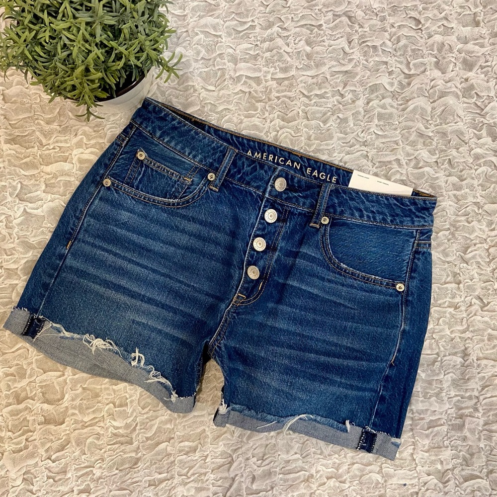 American Eagle High Waist Tomgirl Jeans Shorts Distressed Denim Button Front New